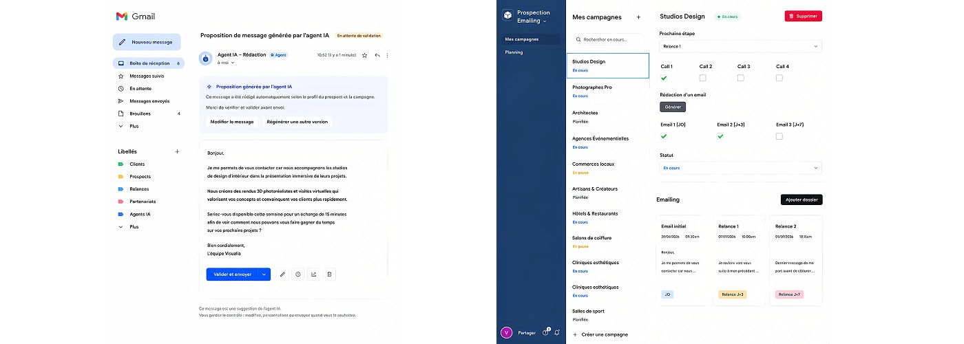 Interface Gmail et Airtable de mon automatisation de prospection et de relances